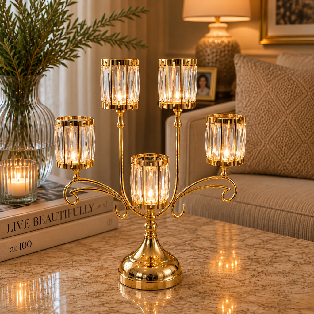 [HD-CAN-505-G] 5 Arm Crystal Candelabra - 18" (Gold)