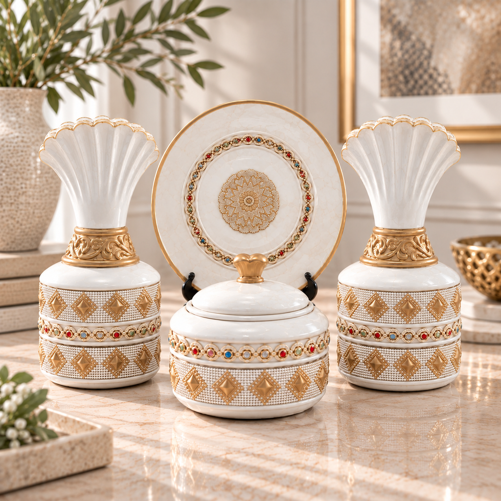[HD-50S4-WHITE] Beaded Four Piece Ceramic Vase Accessory Set - 12" (White)
