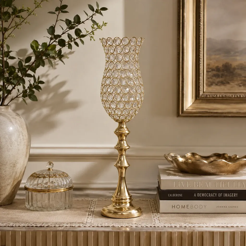 [HD-CAND-102-G] Crystal Beaded Candle Holder - 27.5" (Gold)