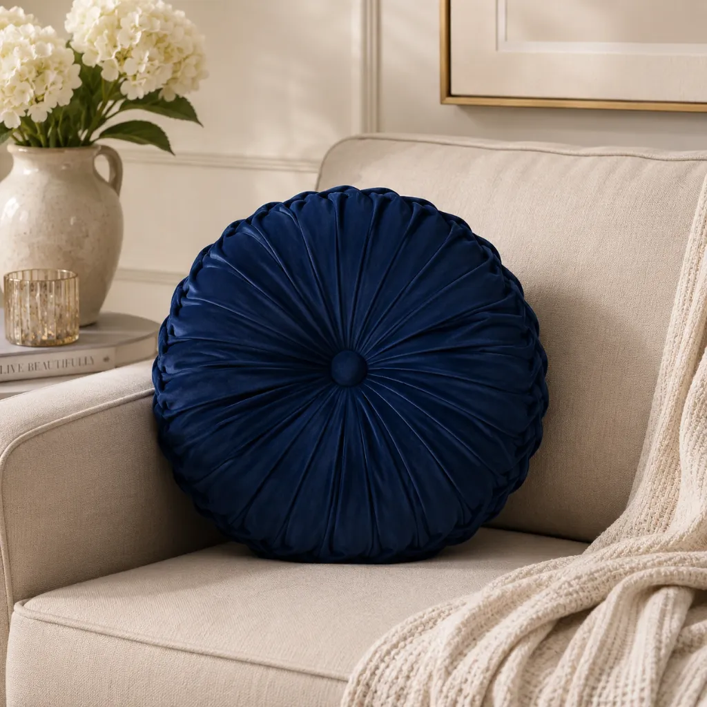 Gianny Round Pleated Pillow - 18" (Navy Blue)