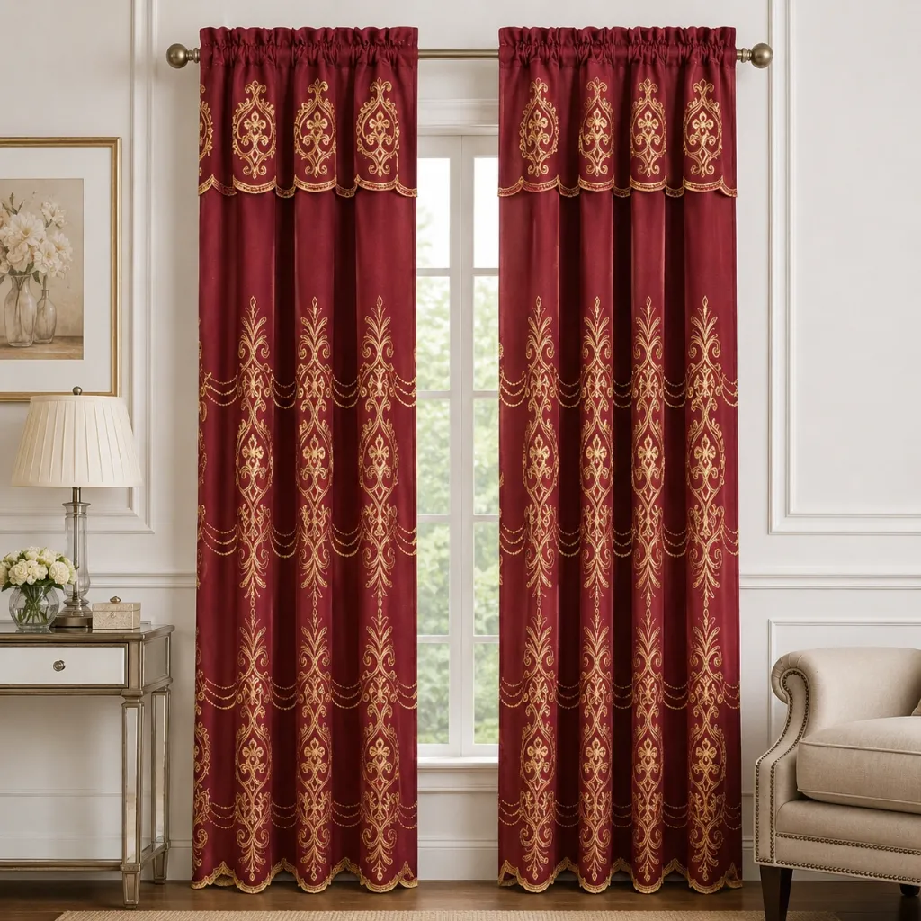 Jayla Embroidered Panel with Satin Backing and Attached Valance 54" x 90" + 18" (Burgundy)