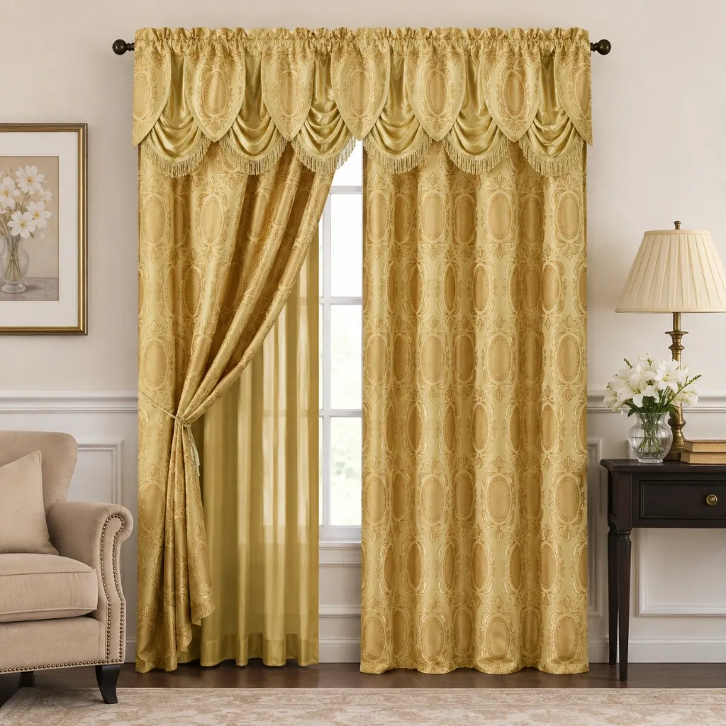 Kenyon Jacquard Rod Pocket Panel with Attached Valance 54" x 84" (Gold)