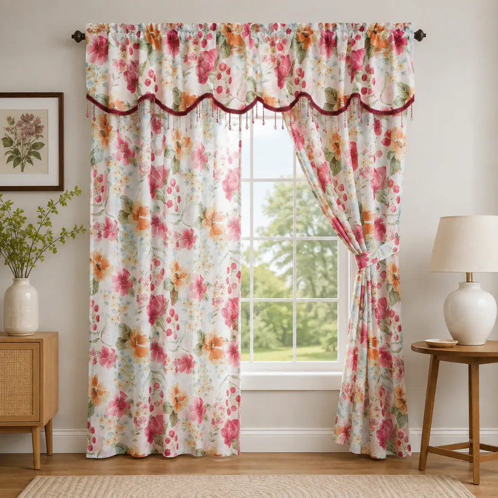 Lacey Foil Printed Dolly Panel with Attached Valance 54" x 84" (Burgundy)