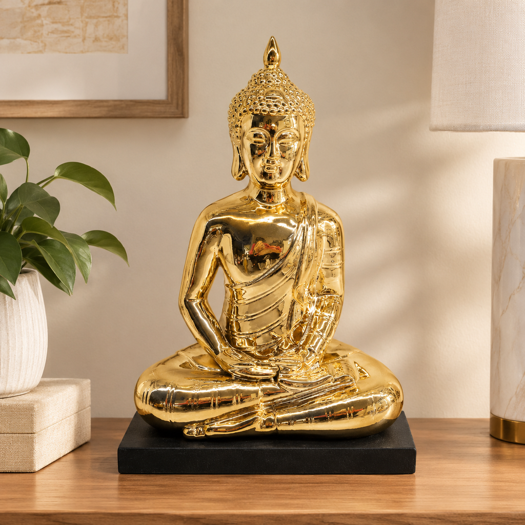 Large Sitting Buddha Ceramic Statue - 18"H (Gold)