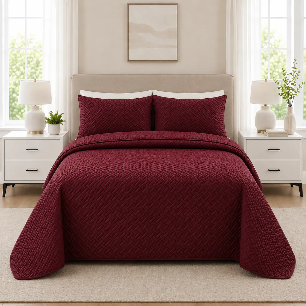[QB-PBQ-BURG] 3 Piece Pinsonic Quilt Set (Burgundy, Queen)
