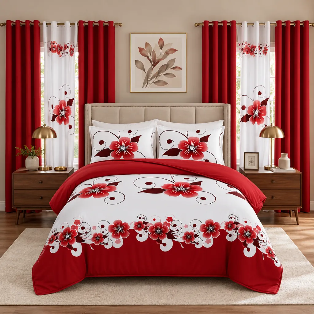 Cotton Touch 9 Piece Printed Comforter with Sheet Set and Window Curtains (Queen)