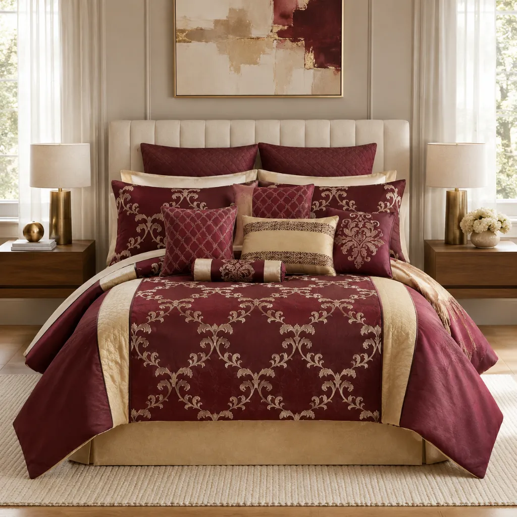 Gracyn 14 Piece Embroidered Comforter Set (Burgundy, Queen)