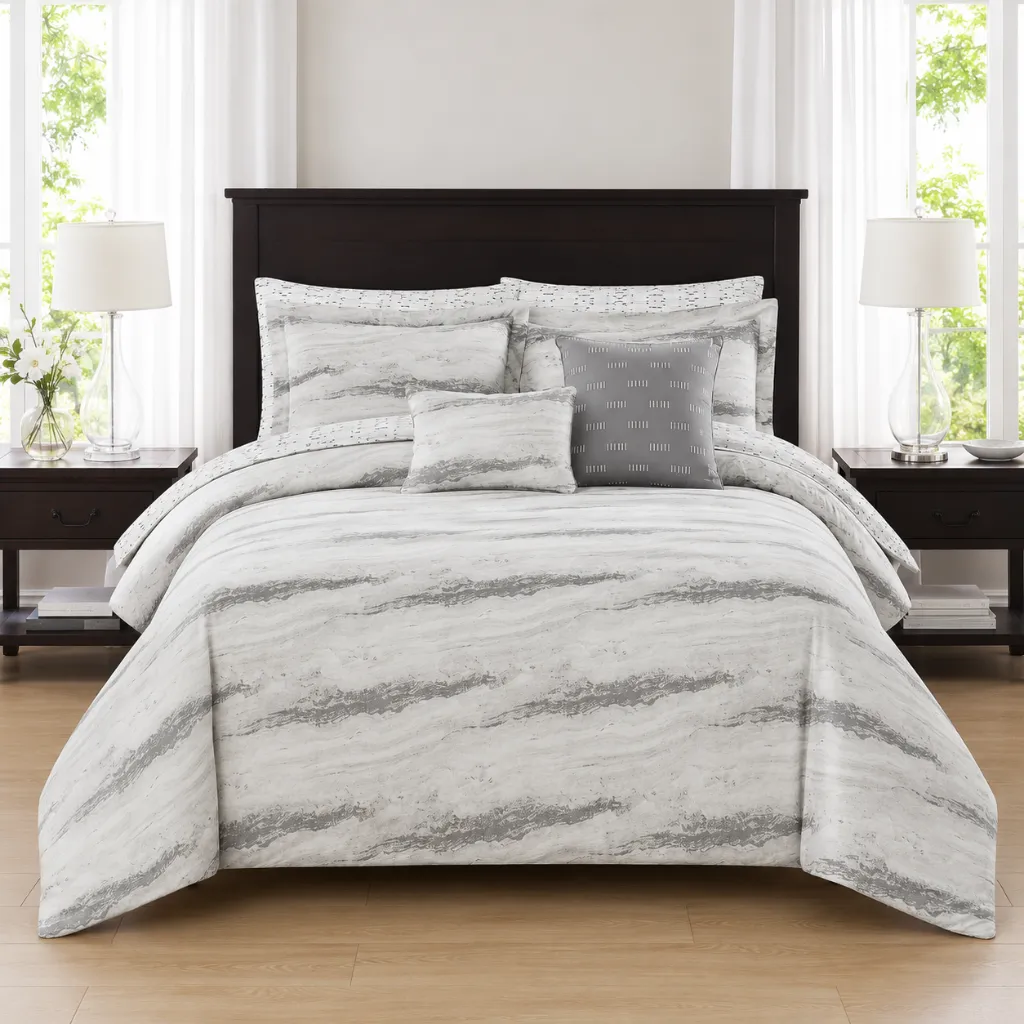 Marble 9 Piece Printed Reversible Comforter Set (Queen)