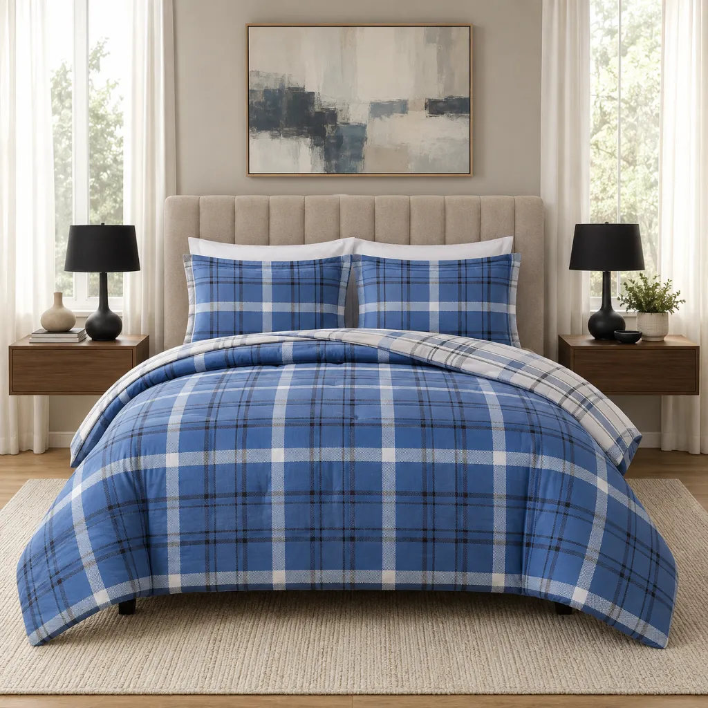 Peri Plaid 7-Piece Reversible Biab Bedding Set (Blue, Queen)