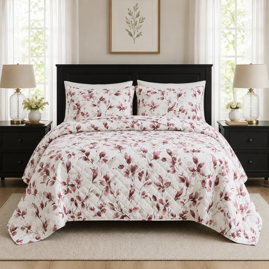 Melrose Stitched Reversible Quilt Set (Leaves, Queen)