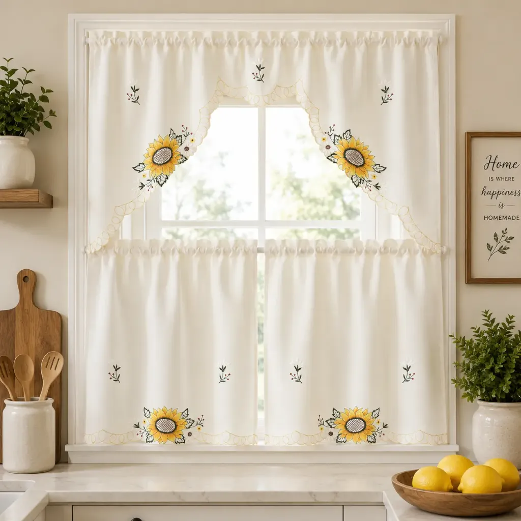 Satin Embroidered 3 Piece Kitchen Curtain (Sunflower)