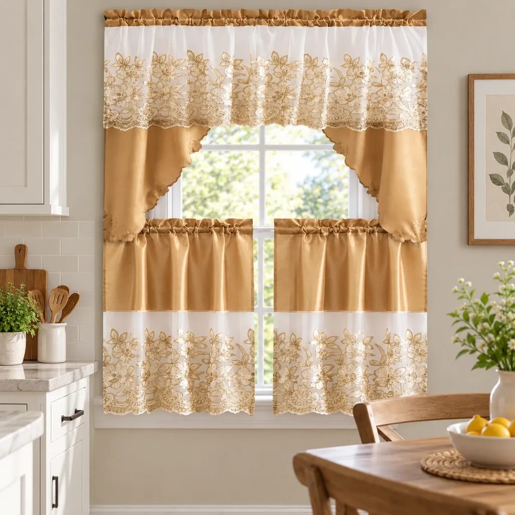 [KC-EP-82541] 3 Piece Embroidered Kitchen Curtain (82541)