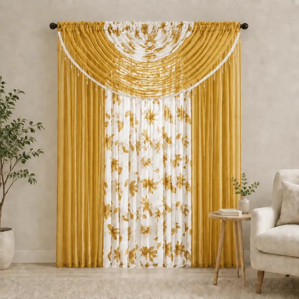 Spring Sheer Curtain with Attached Valance 110"x84" (Gold)