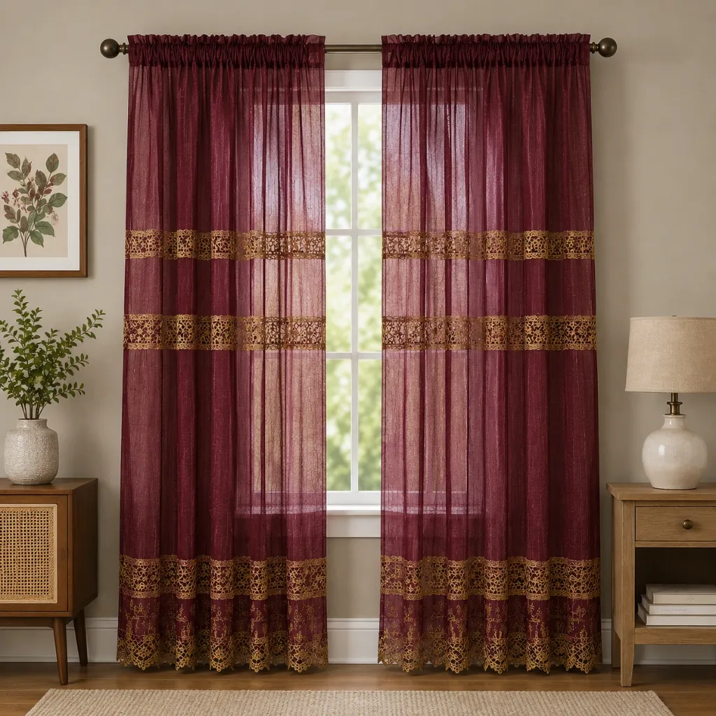 Everly Macrame Rod Pocket Panel 54" x 84" (Burgundy/Gold)