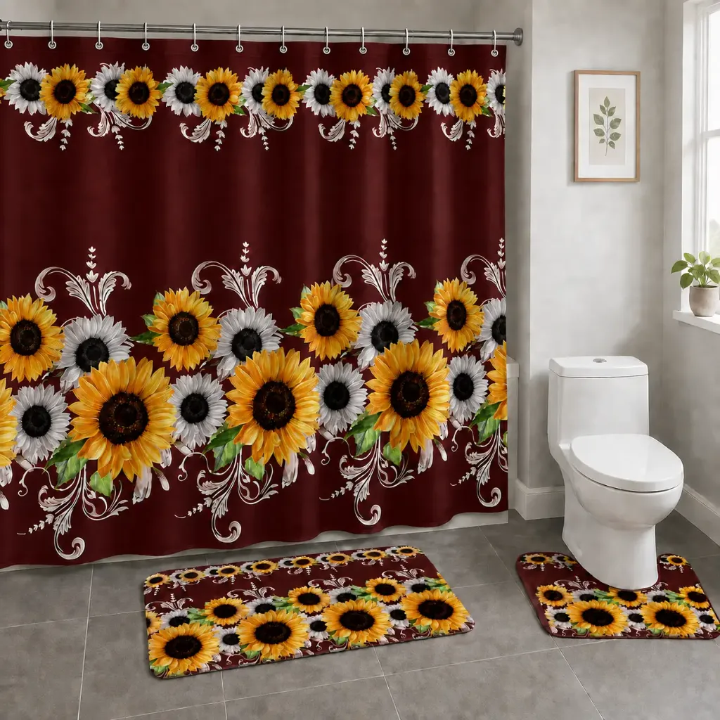[BM-15PC-BURGSUNFLWR] 15 Piece Printed Bath Mat Set (Burgundy Sunflower)