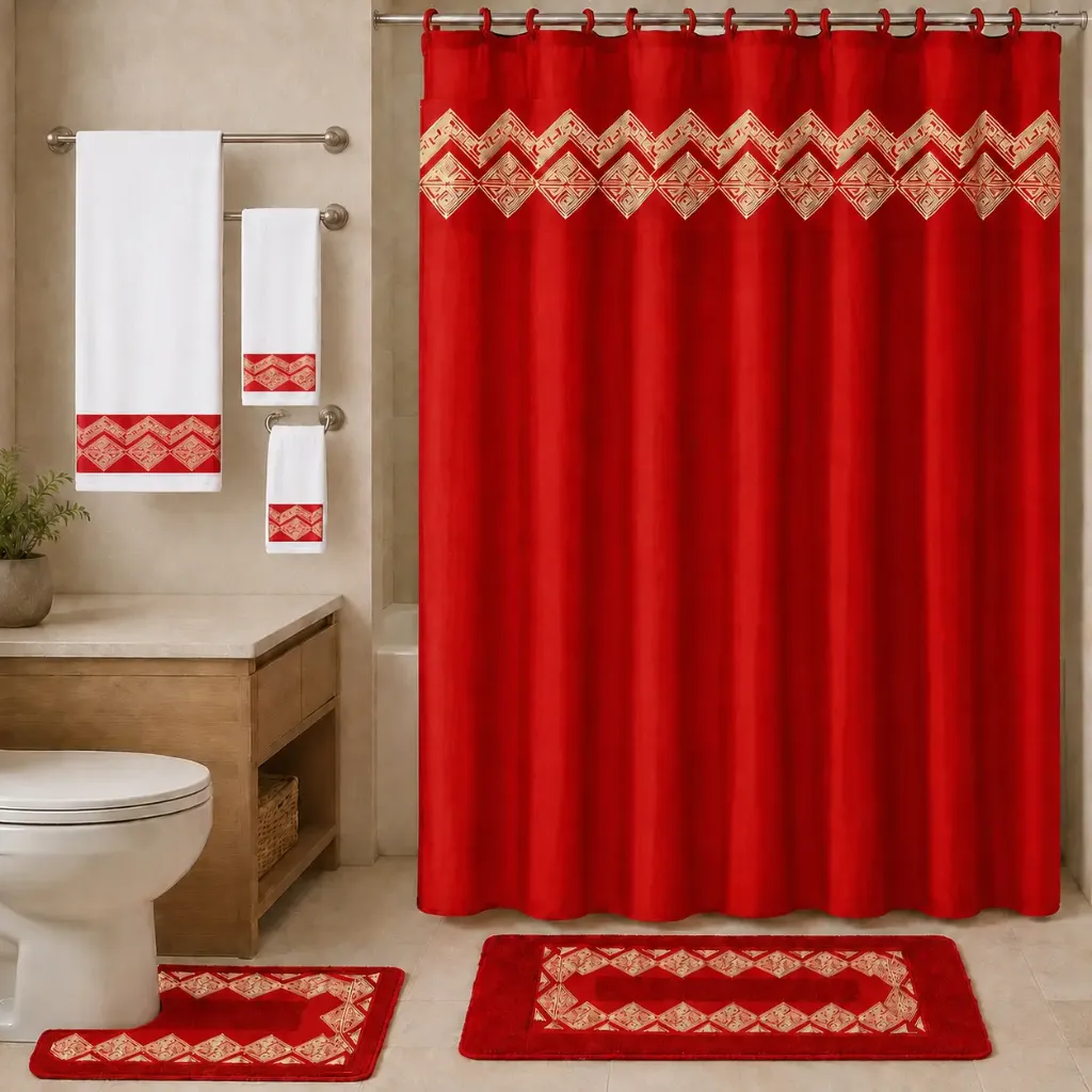 Florence Geometric 18 Piece Embroidered Bath Set (Red)