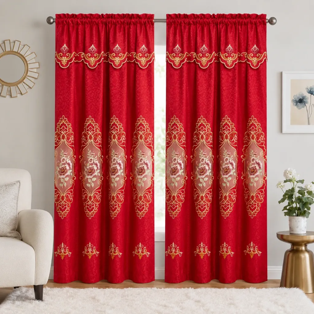 [WC-AMIRA-JP-RED] Amira Jacquard Rod Pocket Panel with attached Valance 54" x 84" (Red)