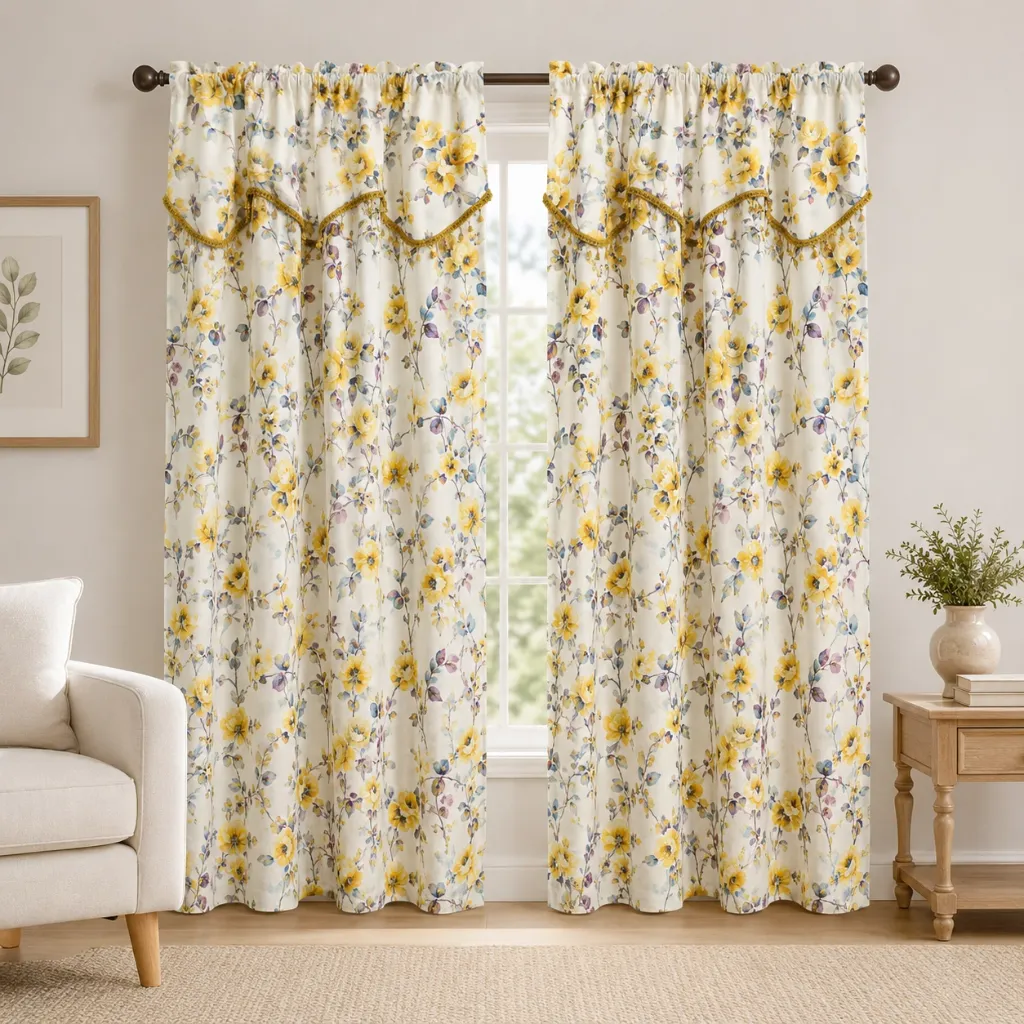 Sunset Printed Rod Pocket Panel with Attached Valance 54" x 84" (Yellow)